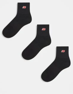 New Balance 3 Pack Ribbed Ankle Socks In Black With Red Logo For Men